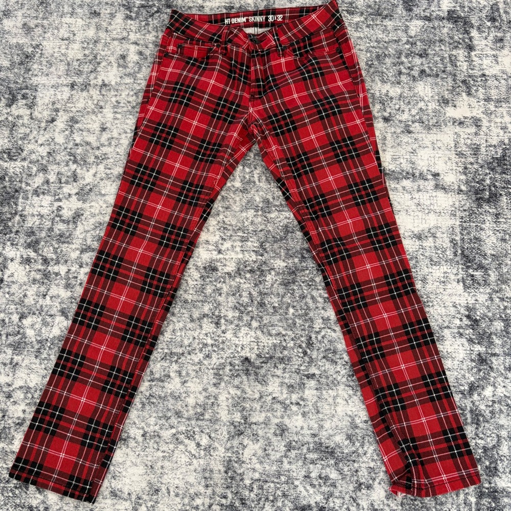 Hot Topic HT Denim Plaid Skinny Jeans Mens 30x32 Red Black Emo Punk Rocker Pants